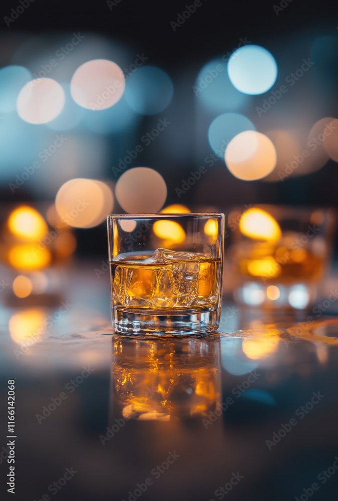 Poster close-up of a sparkling glass of whiskey with ice chunks and blurred lights in the background, creat