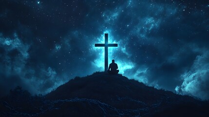 Naklejka premium A man kneeling in front of a cross on top of a hill, with a bright light shining from behind him