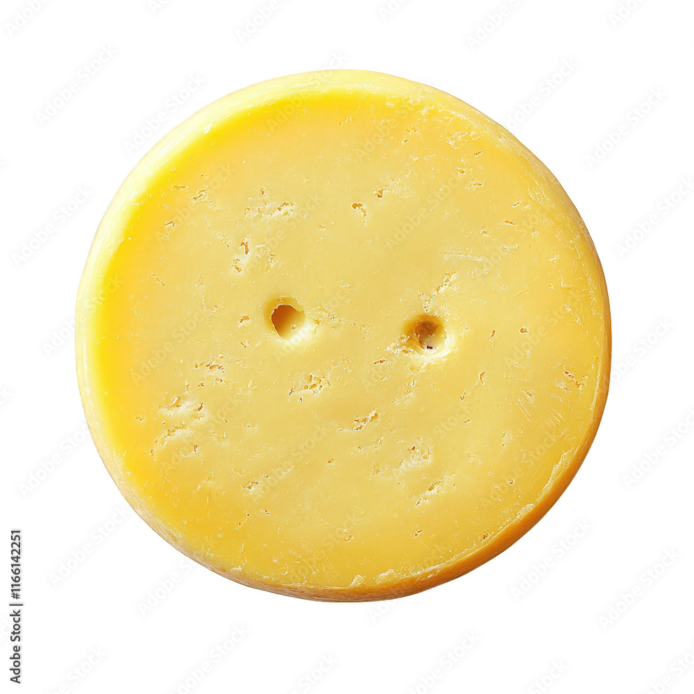 Aufkleber round piece of yellow cheese with a smooth surface and two small holes. suggesting a mild texture an
