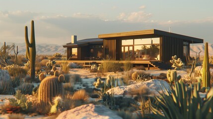 A modern modular home with dark wood siding, a flat roof, and solar panels, surrounded by an arid...