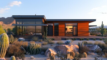 A modern modular home with dark wood siding, a flat roof, and solar panels, surrounded by an arid desert landscape with cacti and rocky formations