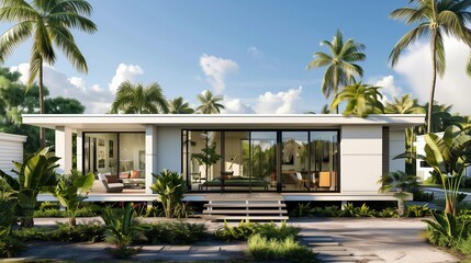 A modern modular home with a flat roof, white stucco walls, and large glass sliders, surrounded by a tropical garden with palm trees and exotic plants
