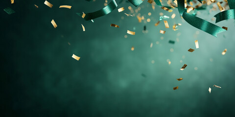Bright gold and green confetti bursts into the air, creating a festive atmosphere for celebration