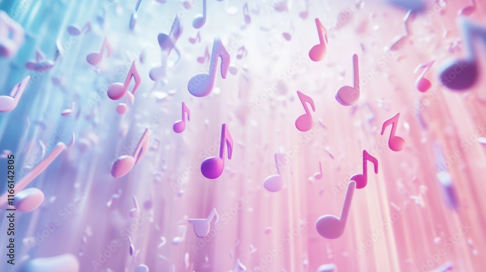 Poster Vibrant swirling 3D music notes floating in a colorful gradient background creating a lively atmosphere. Generative AI