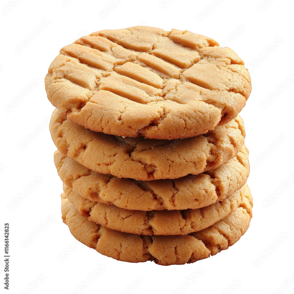 Poster stack of five golden-brown cookies with a textured surface. suggesting a homemade or classic style t