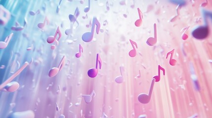 Vibrant swirling 3D music notes floating in a colorful gradient background creating a lively atmosphere. Generative AI