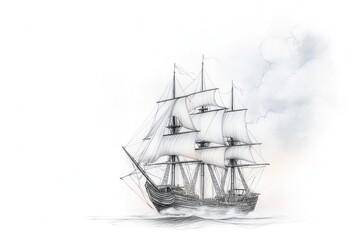 Obraz premium Detailed pencil sketch shows sailing ship on open sea. Billowing clouds float in background. Ship sailing. Ocean waves visible. Classic nautical scene. Vintage style drawing. Artistic maritime