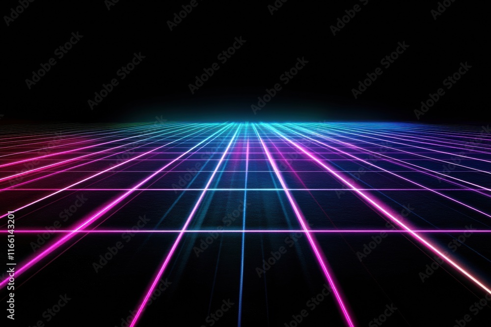 Fototapete Glowing neon lines create a vibrant, abstract landscape in a dark environment filled with light and color dynamics. Generative AI