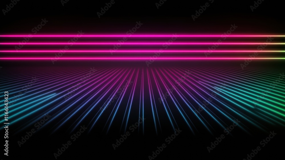 Poster Glowing abstract neon lines create a vibrant and energetic atmosphere in a dark space filled with color and light. Generative AI