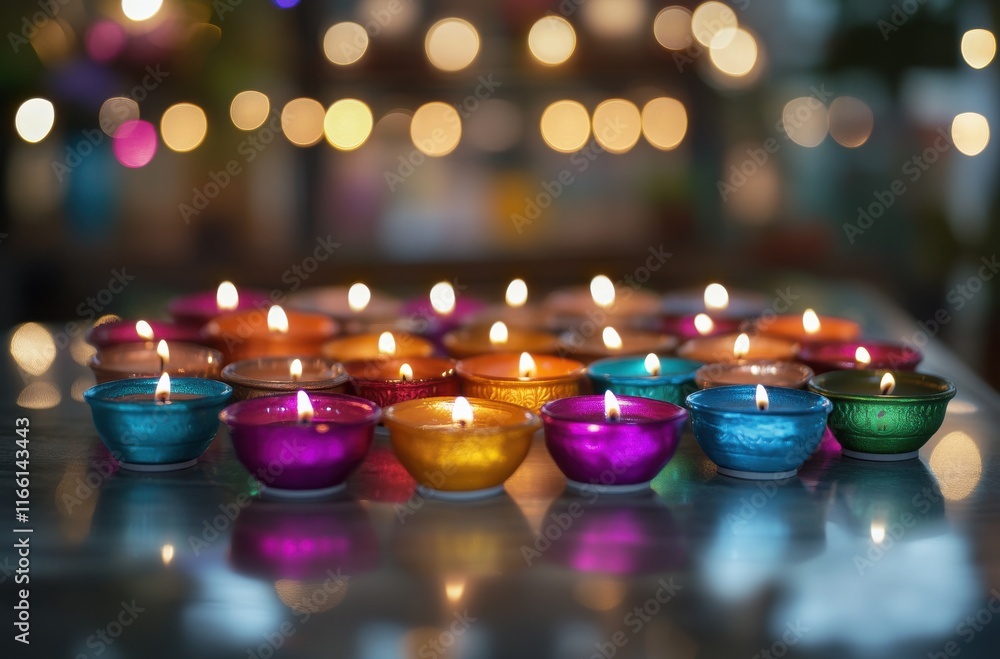 Aufkleber Colorful Candles Illuminating a Table with a Bokeh Background, Creating a Warm and Inviting Atmosphere for Celebrations and Festivities