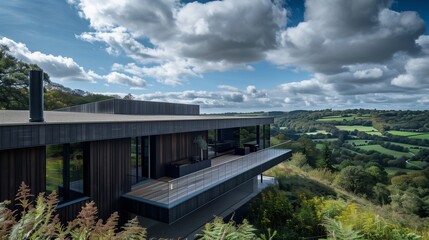 Fototapeta premium A sleek country house with a cantilevered design, dark wood cladding, and a rooftop terrace with panoramic views of the surrounding hills and forests, under a partly cloudy sky
