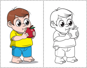 Boy eating a healthy apple coloring page, coloring page, coloring book, vector drawing.