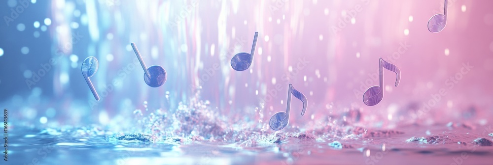 Poster colorful 3d music notes floating on water amidst a vibrant atmosphere of sound and light. generative