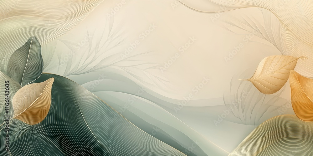 Poster soft waves of flowing colors with leaves creating a serene atmosphere in an abstract composition sho