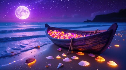 "A serene nighttime beach scene under a starry sky and vibrant purple moonlight. A small, weathered wooden boat rests on the shore, partially filled with colorful glowing seashells and golden sand.