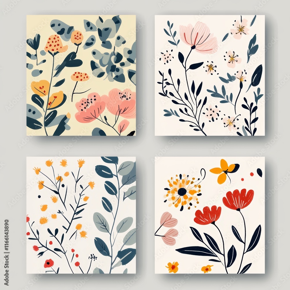 Poster Floral Patterns in an Artistic Composition Featuring Botanical Designs in a Colorful Array Against a Light Background