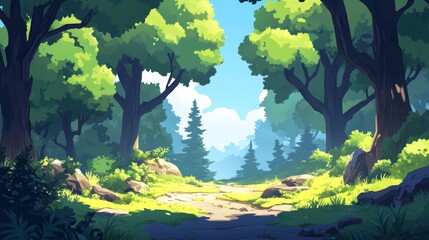 Lush Forest Pathway Surrounded by Vibrant Greenery Under a Clear Blue Sky Revealing Tranquil Nature in a Serene Setting