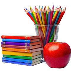 stack of colorful books. a shiny red apple. and a glass container filled with vibrant colored pencils. creating a scene that suggests an educational or creative environment it symbolizes learning. cre