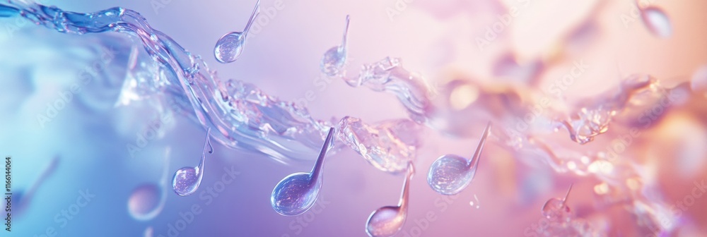 Leinwandbilder 3D music notes floating through a colorful liquid environment with a gentle wave movement and soothing hues of blue and pink. Generative AI