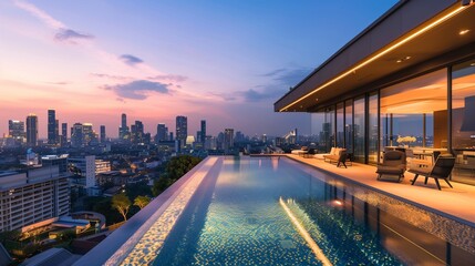 A sleek urban residence with a rooftop terrace, a rectangular swimming pool with underwater...