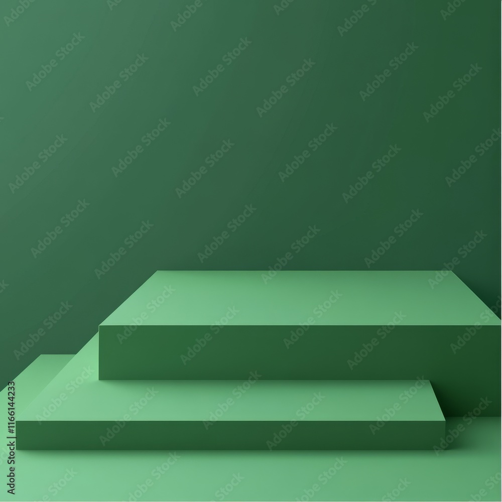 Poster clean green minimalist display with three layered platforms showcasing depth and texture in a contem