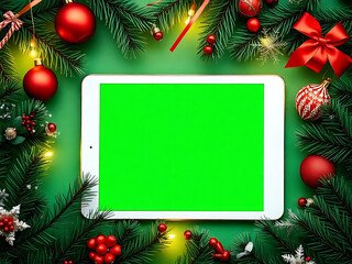 christmas background with christmas tree and balls and a green screen tablet