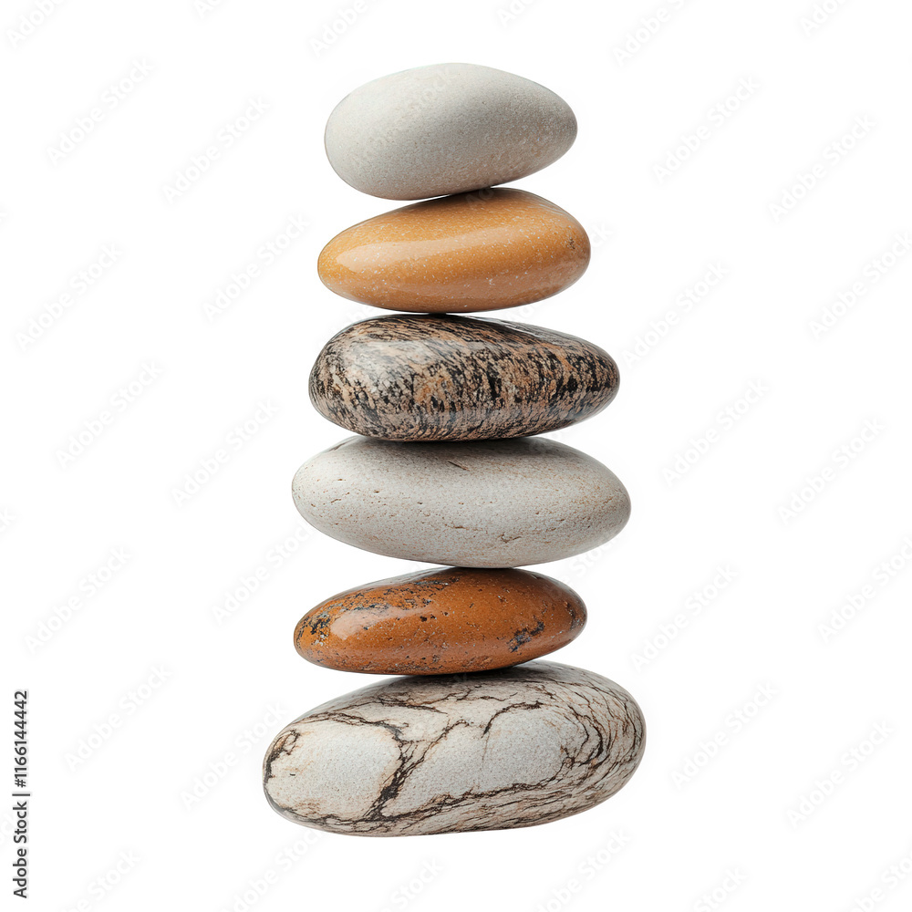 Poster balanced stack of smooth stones in various colors and patterns. arranged vertically against a white 