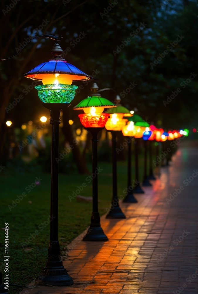 Poster colorful decorative lanterns illuminating a pathway in a serene park setting during blue hour with r