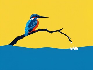 Obraz premium Colorful kingfisher perched on a branch overlooking the water during a bright sunny day