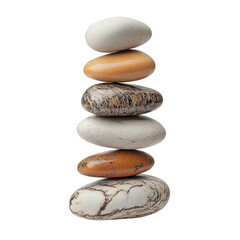 Fototapeta premium balanced stack of smooth stones in various colors and patterns. arranged vertically against a white background this composition symbolizes harmony. balance. and tranquility. often associated with mind