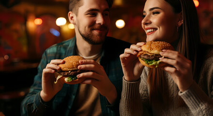 young couple eating burgers