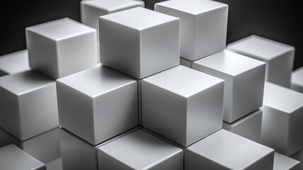 Abstract grayscale image of stacked white cubes.