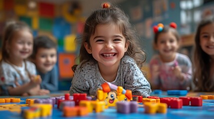 Happy toddler girl playing with colorful blocks and friends in preschool.