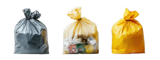 three garbage bags in different colors?black. yellow. and transparent?arranged in a row against a white background these bags represent waste management and recycling efforts. highlighting the importa