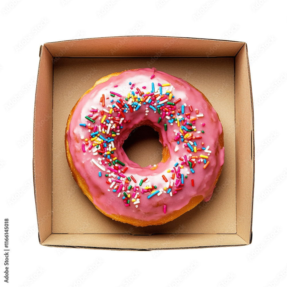 Poster single pink frosted donut topped with colorful sprinkles. presented in a simple cardboard box the br