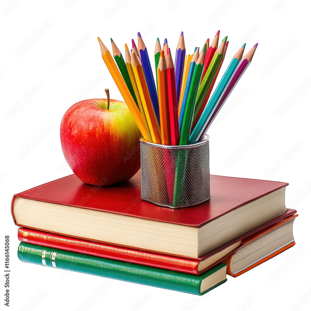 Poster stack of three books. with a shiny red apple placed on top and a container filled with colorful penc
