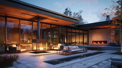 A stylish, modern home with a combination of wood and glass, an open-concept interior, and a spacious outdoor living area with a fireplace.