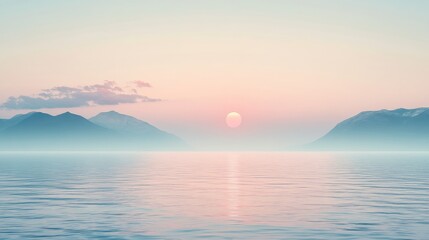 Fototapeta premium Calm Sunrise Over Tranquil Waters With Distant Mountains and Soft Pastel Sky Creating a Serene Atmosphere at Dawn