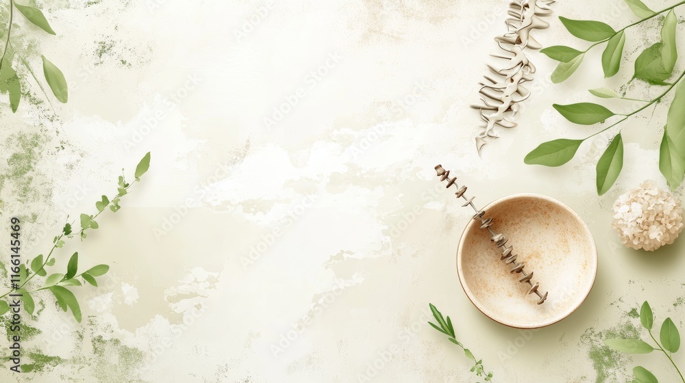 Poster natural elements arranged on a textured surface with a bowl and greenery, inviting a serene atmosphe