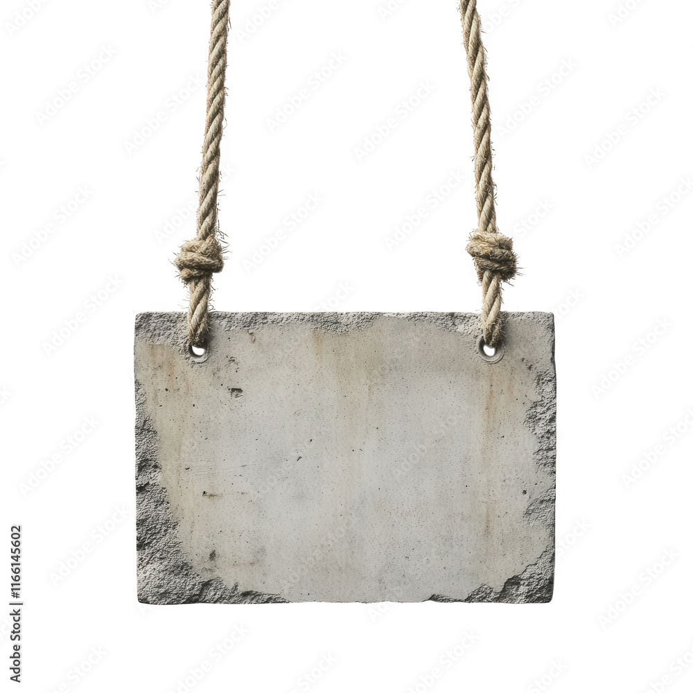 Poster blank. rectangular concrete sign hanging from two ropes. set against a white background the sign's s