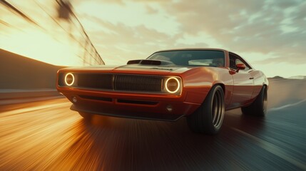 Naklejka premium Vintage Muscle Car Speeds Along an Empty Highway at Sunset Showcasing Dynamic Movement and Powerful Design