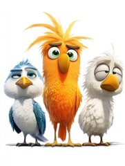 Fototapeta premium Three cartoon birds; blue, orange, white; standing together, isolated on white background.