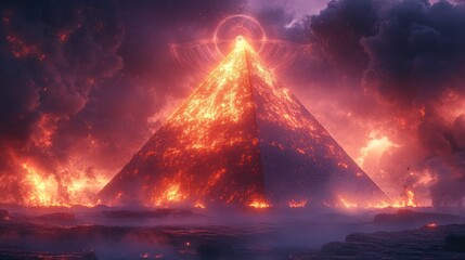 Fiery pyramid engulfed in flames and dark clouds, mystical energy above.