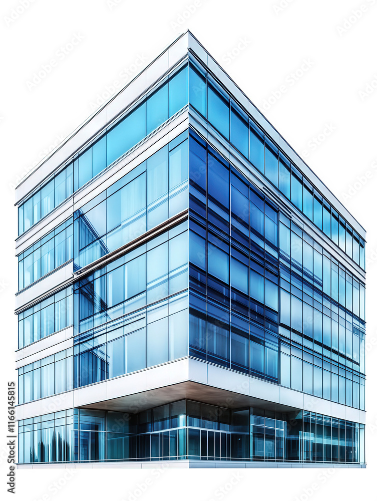 Poster a modern office building characterized by its sleek design and extensive use of glass. reflecting co
