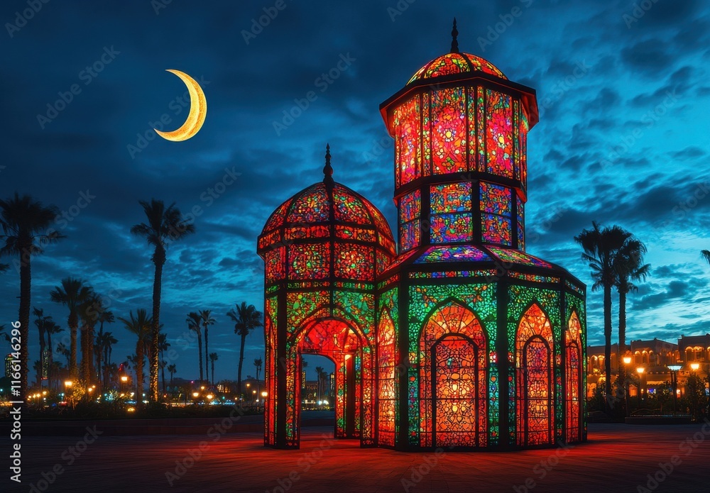 Poster colorful illuminated pavilion against a twilight sky with crescent moon in a vibrant landscape, show