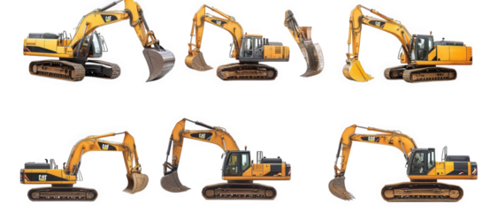 a series of excavators in various positions. highlighting their functionality in construction and earth-moving tasks each excavator is depicted with a detailed perspective. emphasizing the machinery's