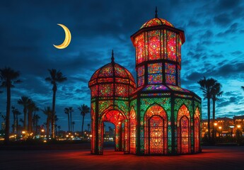 Obraz premium Colorful illuminated pavilion against a twilight sky with crescent moon in a vibrant landscape, showcasing intricate patterns and reflections in Morocco-inspired architecture