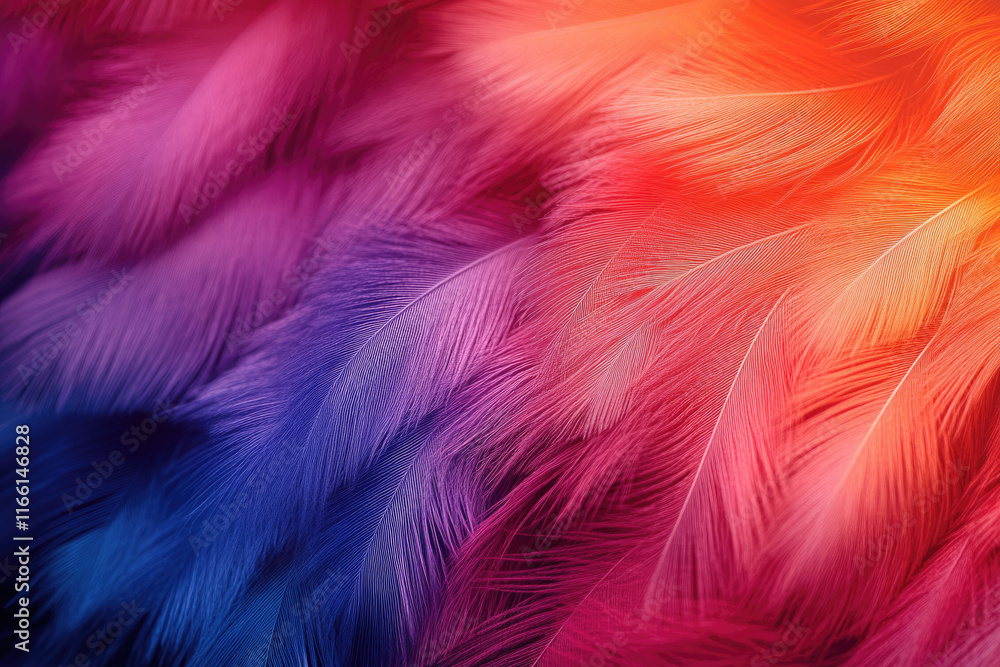 Poster close-up of vibrant, multicolored feathers transitioning from deep blue to bright orange, showcasing
