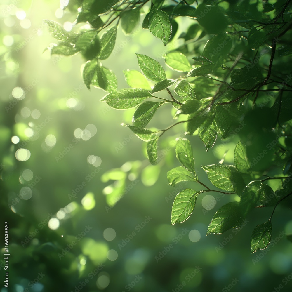 Poster sunlight filters through lush green leaves creating a tranquil atmosphere in a forest during a warm 