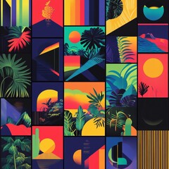 Obraz premium Vibrant Collection of Tropical-Inspired Artwork Showcases Bold Colors and Geometric Patterns in a Creative Visual Arrangement